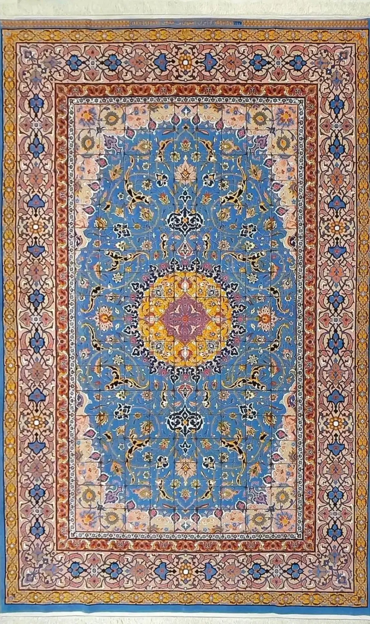"Hand-knotted Persian rug by Master Haghighie, featuring intricate floral designs with a blue and gold medallion, 325 x 200 cm."